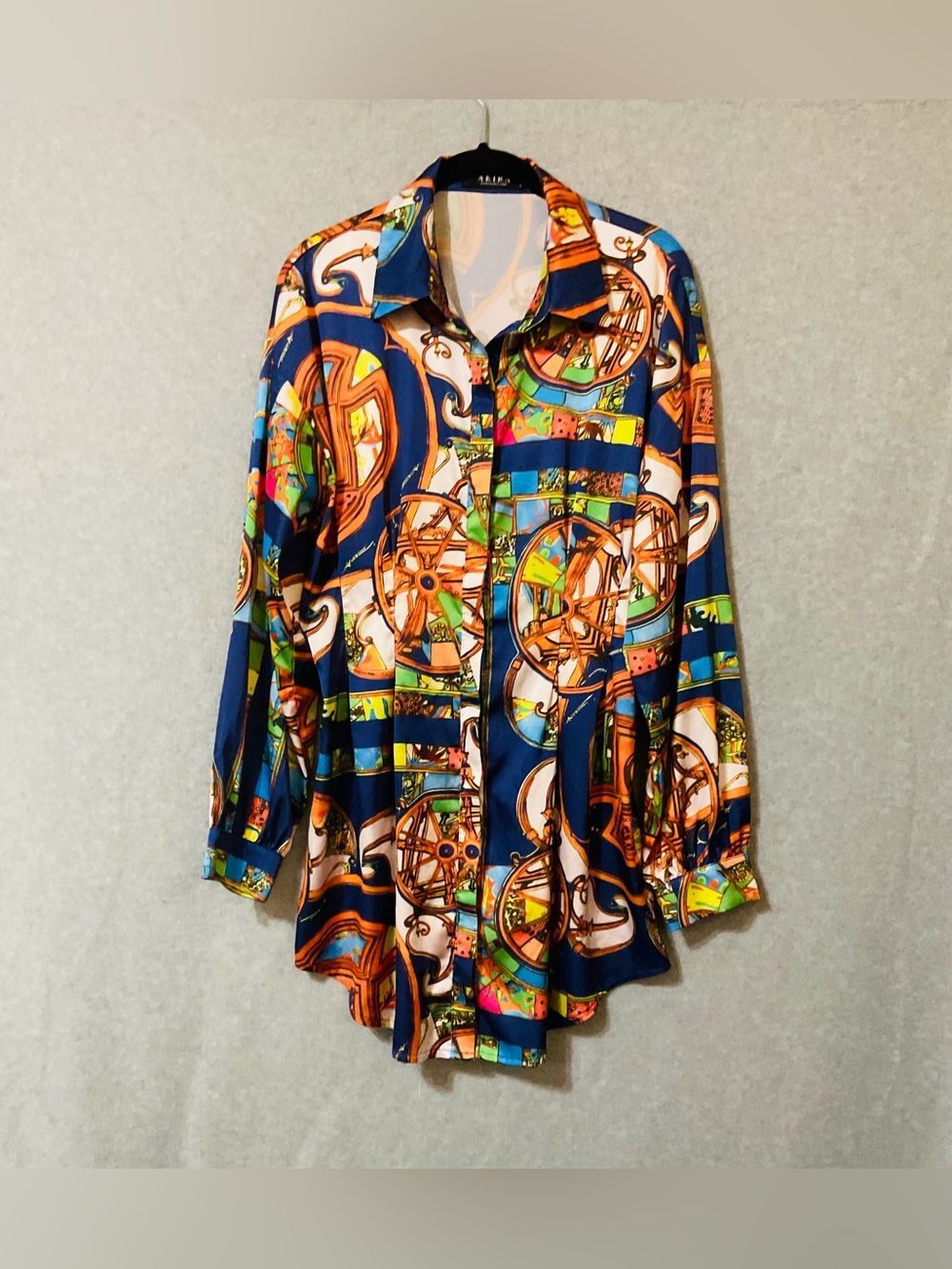 Akira Navy & Orange Patterned women's mini dress- Shirt Long sleeves Sz M